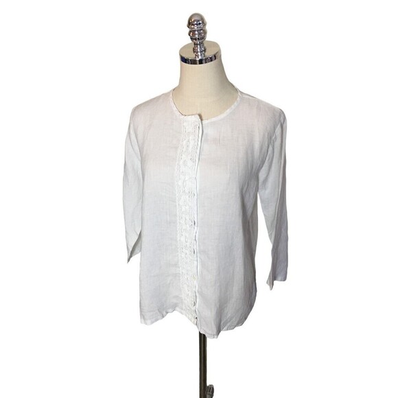 Russ Berens Size Extra Small Top White Long Sleeve Lagenlook Linen Lace Trim XS - Picture 1 of 8